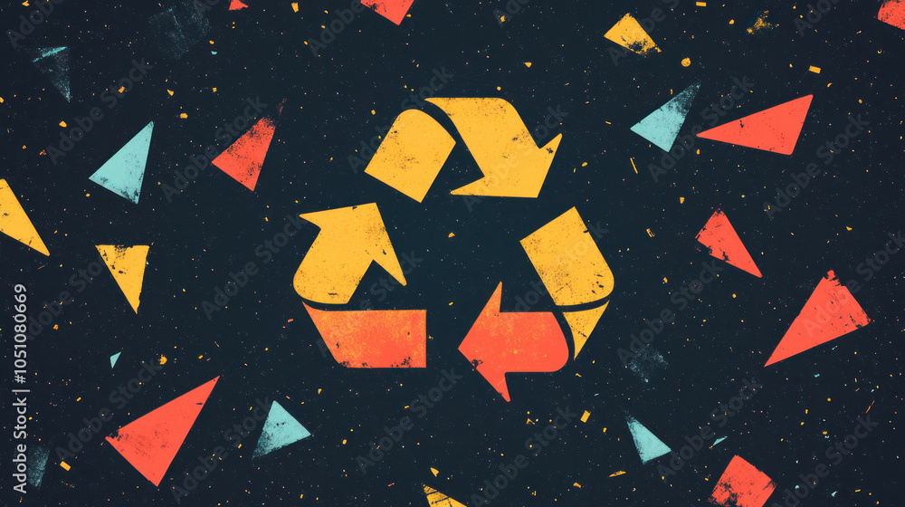 Poster a colorful background with a triangle and a recycle sign. the recycle sign is yellow and red. the ba