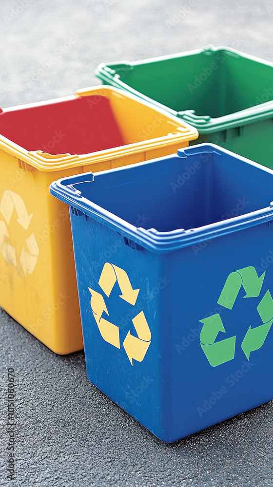Poster four different colored trash cans with the word recycle on them. the trash cans are arranged in a ro