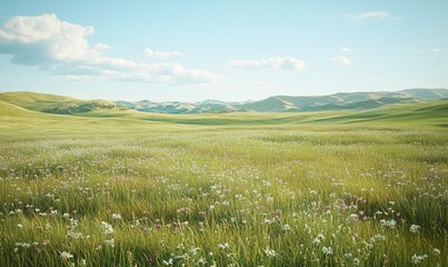 Fototapeta premium Wildflowers Blooming in a Lush Meadow with Rolling Hills in the Background