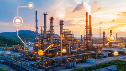 Fototapeta premium A large industrial plant with many pipes and a lot of smoke. The smoke is coming from the top of the plant