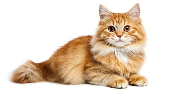 A fluffy ginger cat with green eyes lies on a white background, looking at the camera.