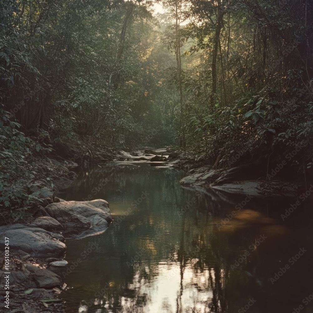 Poster a tranquil forest stream with sunlight filtering through the trees.