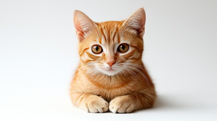 Obraz premium A ginger cat with green eyes stares directly at the camera, lying on a white background.