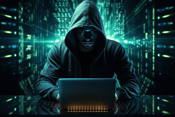 generated illustration of cyber crime hacker with laptop. Abstract binary code digital interface.