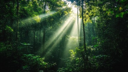 Naklejka premium Sunlight Beams Through Dense Forest Canopy, Nature's Majesty