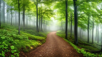 Obraz premium A winding path through a misty forest, with green trees and lush vegetation.