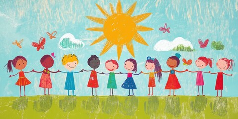 Fototapeta premium Smiling kids holding hands under a sun.
