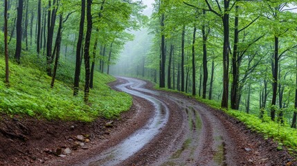Fototapeta premium Winding dirt road through a misty forest with lush green foliage.
