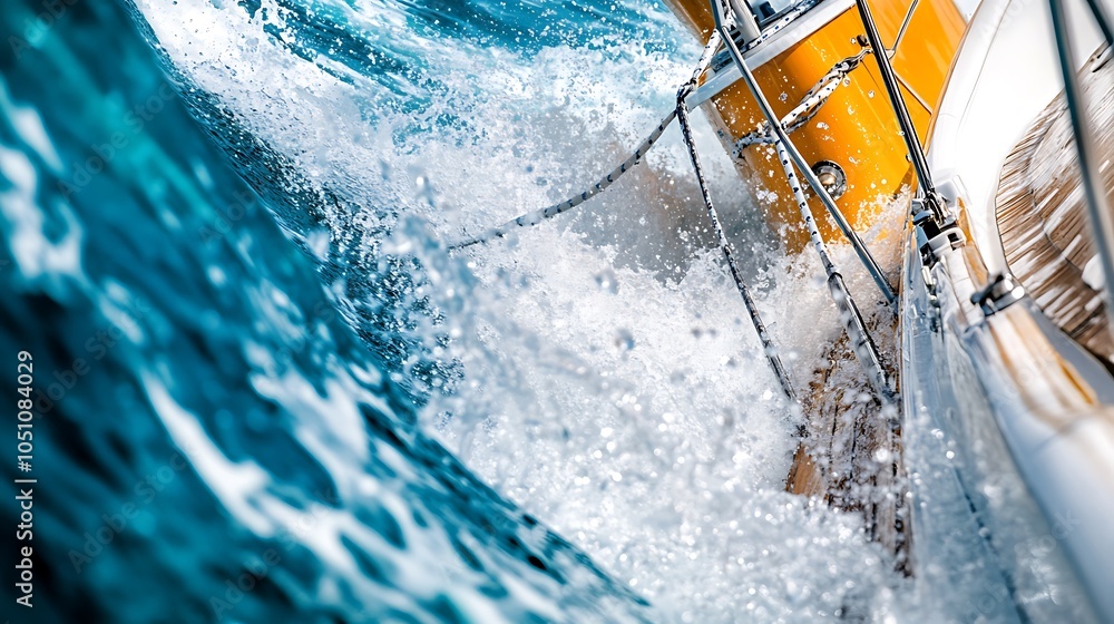 Poster a close-up of a sailboat navigating through turbulent waves.