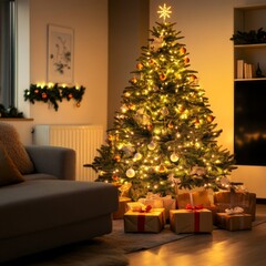 A Decorated Christmas Tree with Gifts Underneath in a Living Room