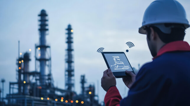 A man wearing a hard hat is looking at a tablet while standing in front of a lar