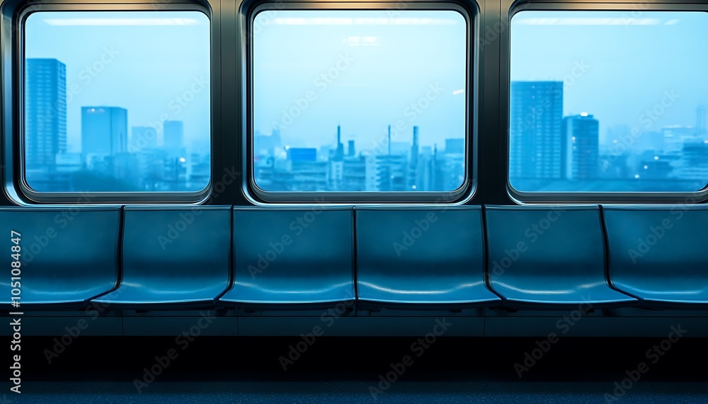 Poster A serene view from a subway train showcasing urban architecture and empty seating.