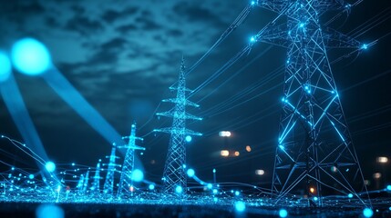 Futuristic Power Grid Network with Glowing Lights at Night