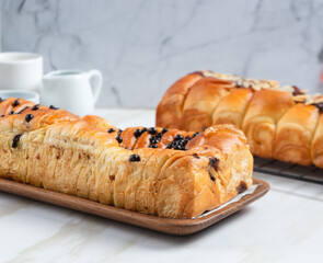 Pastry with chocolate butter and banana filling. perfect for recipe, article, catalogue, or any commercial purposes. with copy space.