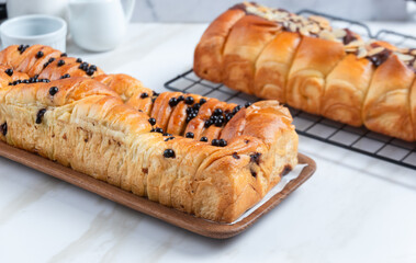 Pastry with chocolate butter and banana filling. perfect for recipe, article, catalogue, or any commercial purposes. with copy space.