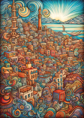 Fototapeta premium Children's drawing city
