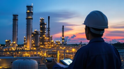 A man wearing a hard hat is looking at a tablet while standing in front of a lar