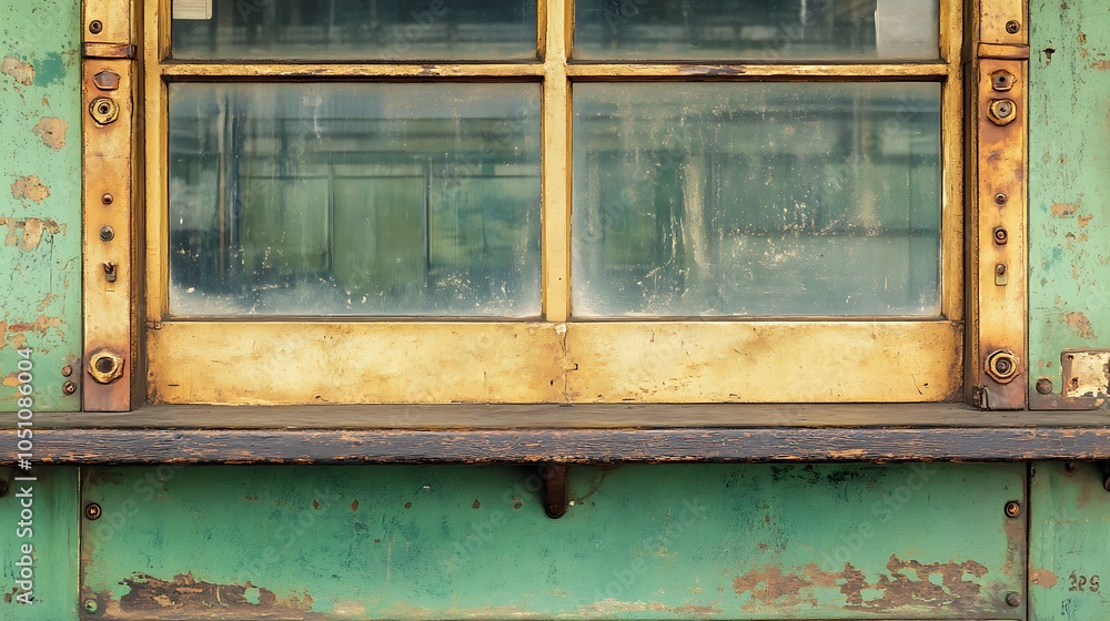 Poster a weathered window with a rusty green frame and a metallic shelf below.