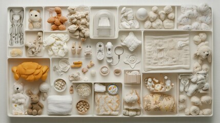 A white tray filled with various small objects in white, brown, and orange hues.