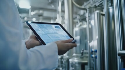 A person is holding a tablet in a factory setting