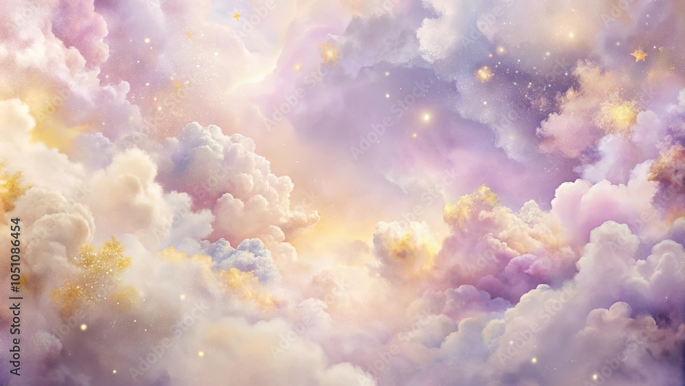 Wall mural a celestial canvas of ethereal clouds, adorned with a twinkling tapestry of golden stars, bathed in 