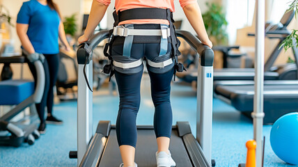 Rehabilitation exercise on treadmill with robotic walking aid. Female patient performing physical therapy with gait support device. Robotic exoskeleton used for treadmill rehabilitation therapy.