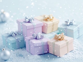 Pastel-colored Christmas gift boxes with silver and gold ribbon bows in a snowy scene