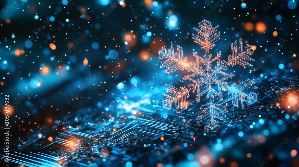 Aufkleber a digital snowflake on a circuit board with bokeh lights