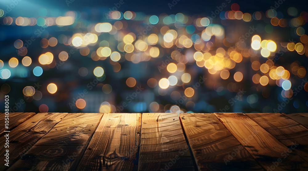 Poster wooden table with a blurred background of city lights at night, creating an abstract bokeh effect fo