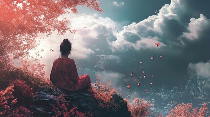 Obraz premium Woman Contemplating Nature on a Mountaintop