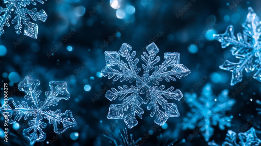 Poster intricate blue snowflake with bokeh background