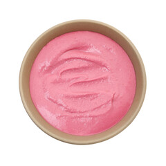 Tasty beetroot hummus in bowl isolated on white, top view