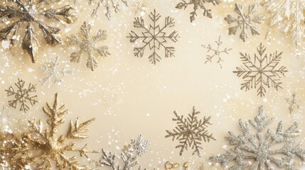 Golden and Silver Glitter Snowflakes on Beige Background