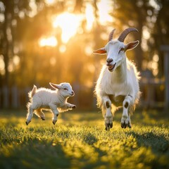 Obraz premium A playful goat and her kid run through a field at sunset.