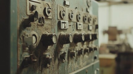 Dusty Control Panel with Knobs and Switches in an Industrial Setting