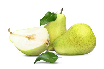 Fresh ripe green pears on white background