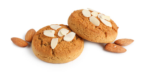 Tasty cookies with almonds isolated on white
