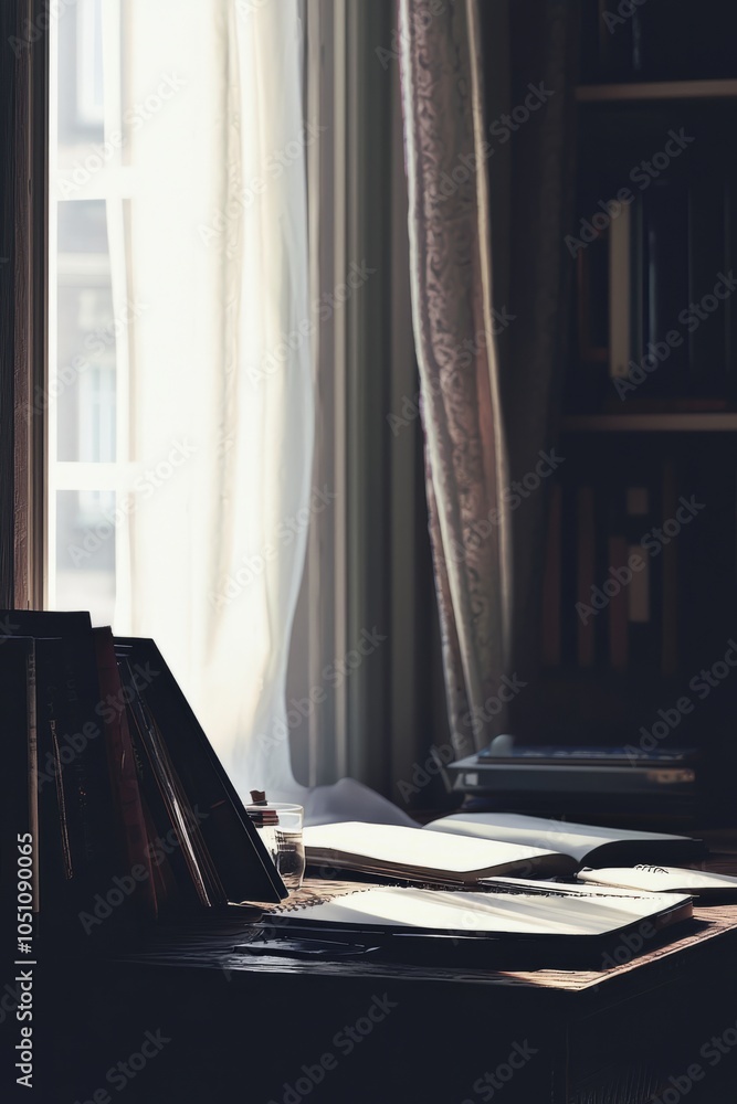 Poster a quiet study room with soft music playing in the background. the calming sounds create a relaxed en