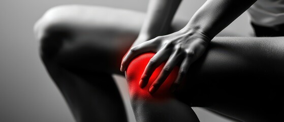 A close-up of a person holding their knee in pain, emphasizing discomfort. The image is styled in black and white with a red highlight on the knee area to symbolize injury.