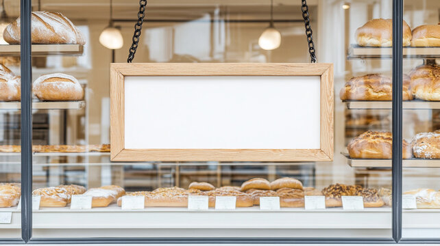 charming wooden blank shop sign hangs in front of bakery display, showcasing variety of fresh bread and pastries. inviting atmosphere is perfect for attracting customers