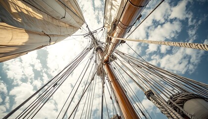 Obraz premium A view looking up at the masts and sails of a sailing ship against a cloudy sky.