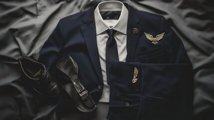 A navy blue suit jacket, white shirt, black tie, and black shoes laid out on a gray fabric background.