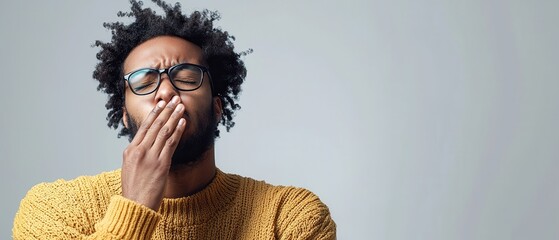 A young man wearing a yellow sweater yawns with a tired expression, conveying feelings of sleepiness and relaxation in a modern indoor setting.