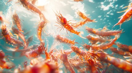 A school of red shrimp swim upwards in a bright blue ocean with sun shining above.