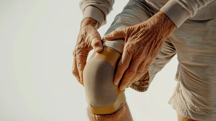 An elderly person applying a knee brace, showcasing care and support for joint health. Gentle hands demonstrate the importance of managing knee discomfort.