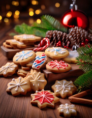 Fototapeta premium A festive Christmas scene featuring gingerbread cookies decorated with snowflakes, surrounded by candy canes, cinnamon sticks, and pine branches
