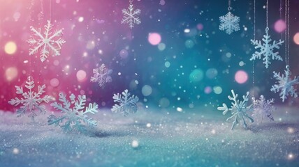 Fototapeta premium Winter Wonderland of Hanging Glittering Snowflakes on Pastel Blue and Red Background