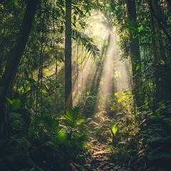 Obraz premium Sunlight streams through the canopy of a lush, green tropical rainforest, illuminating a path through the undergrowth.