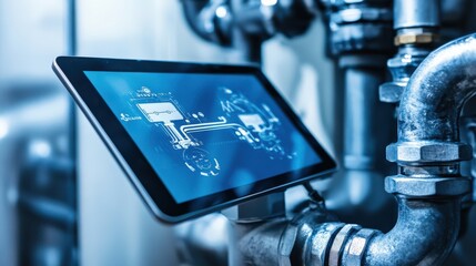 A tablet is displaying a blue image of a pipe