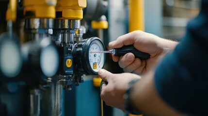A man is working on a pressure gauge, adjusting it with a screwdriver